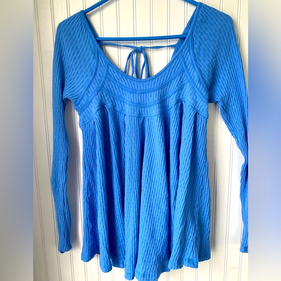 Free People Tops - Free People (XS) Blue,Round Neck with Tie Back, Long Sleeve, 100% Cotton